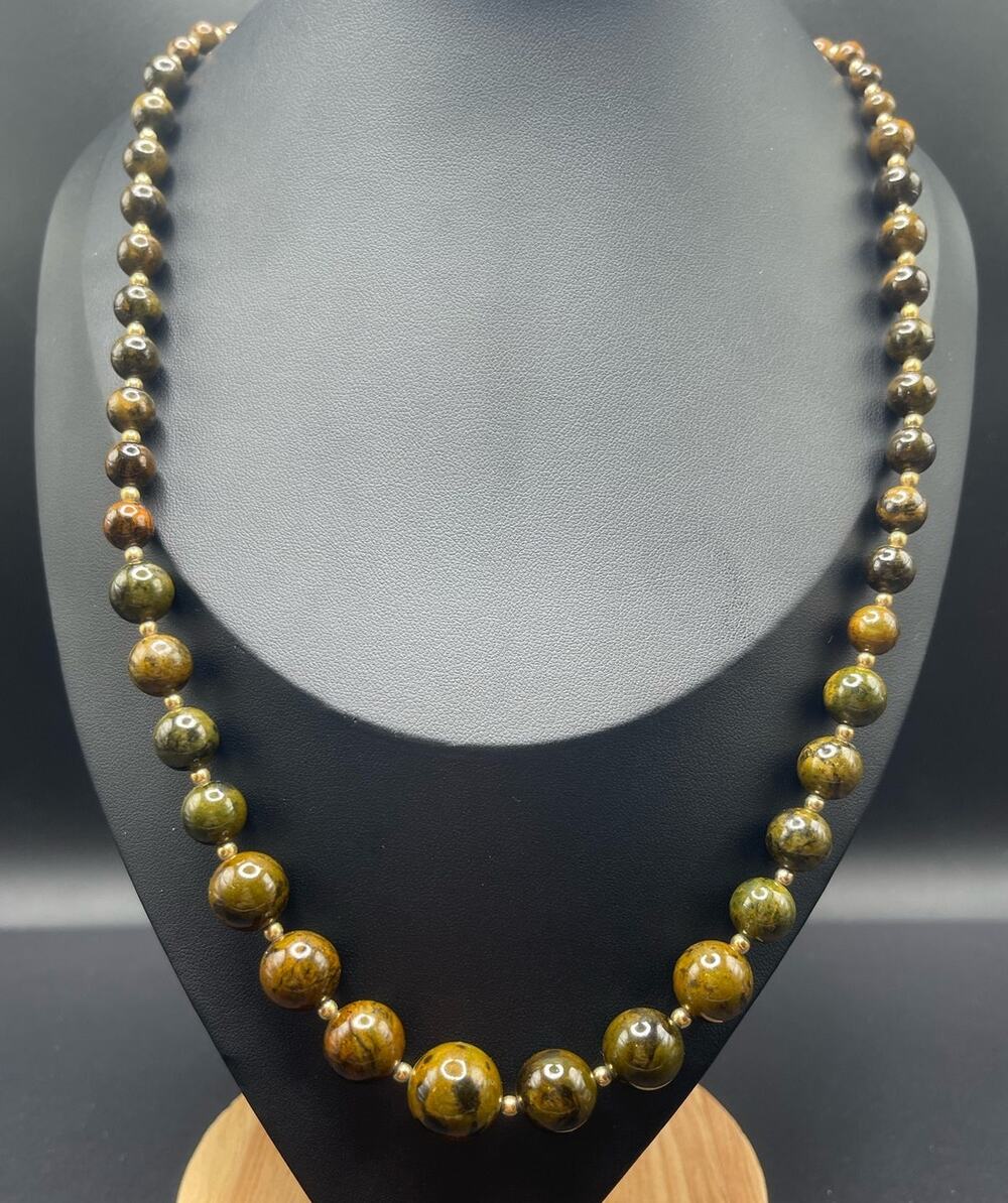 Beaded Brown Art Glass 24" Necklace Gold Tone Spacer Beads Unsigned Graduated